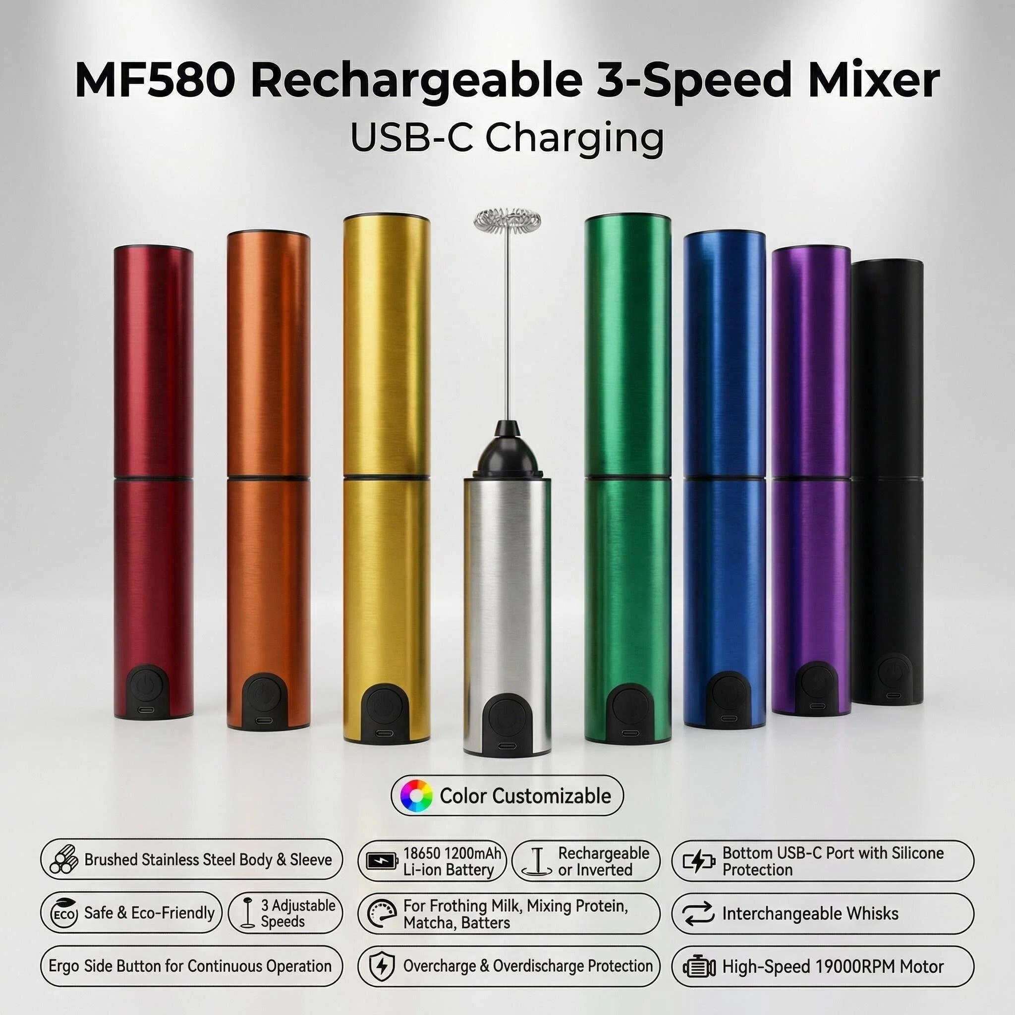 MF580: เครื่องผสมอาหารแบบชาร์จไฟได้ 3 สปีด พร้อมขาตั้ง - ชาร์จ USB-C