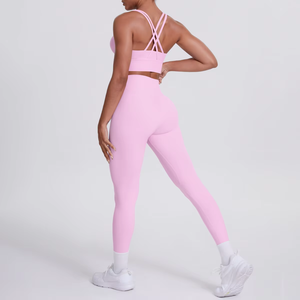 ชุดโยคะสายรัดไหล่แบบไขว้หลังกางเกงกีฬาสีพื้นระบายอากาศกางเกงขาสั้นออกกำลังกายวิ่งเซ็กซี่มีโลโก้ด้านหน้า - Product Image 2