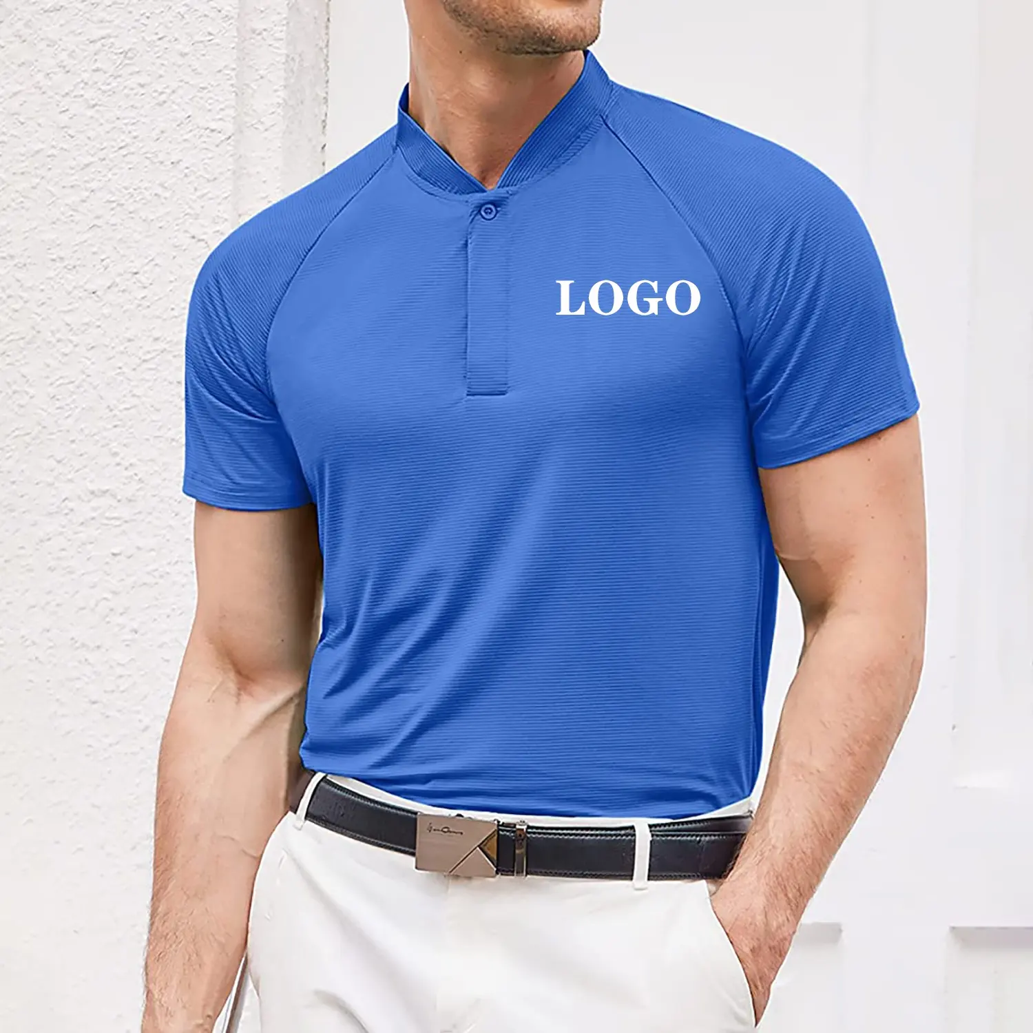 Oti tekstil erkek yakasız Golf Polo gömlekler hızlı kuru Polo gömlek kısa kollu Henley gömlek aktif çizgili Polo spor t-shirt