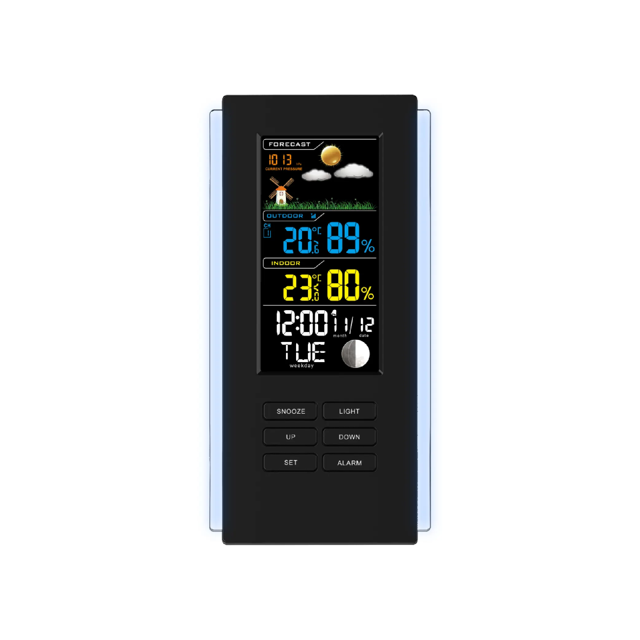 Orologio radiocomandato con stazione meteorologica wireless a colori con termometro e igrometro per interni/esterni con retroilluminazione fasi lunari