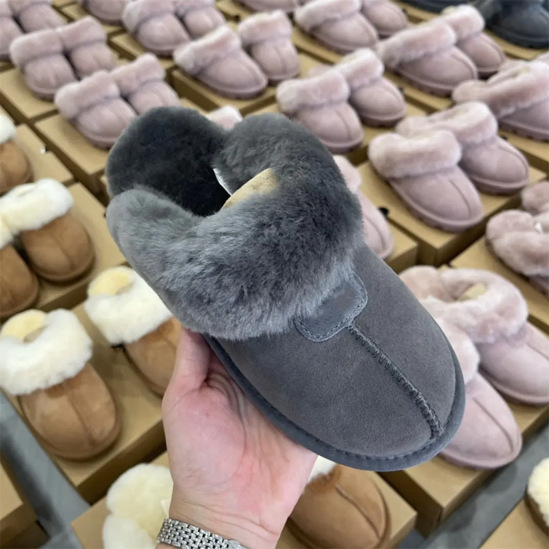 Zapatillas de piel de oveja de doble cara para mujer, zapatillas de invierno con suela de EVA
