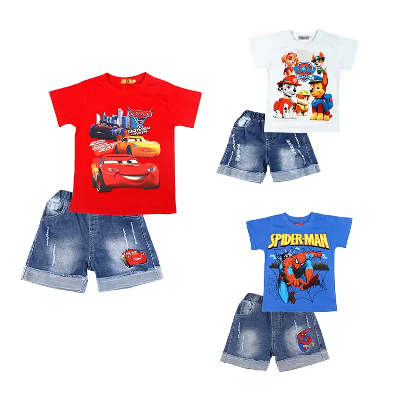2023 बच्चों clothin लड़कों कारों कार्टून गर्मियों कपास बच्चों को टी शर्ट और डेनिम शॉर्ट्स कपड़े बच्चे सेट बच्चों के सूट कपड़े