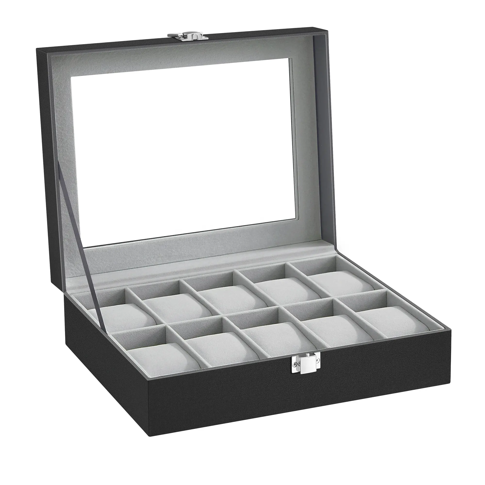 Caja de reloj de cuero con 10 ranuras, caja de almacenamiento con tapa de cristal de lujo