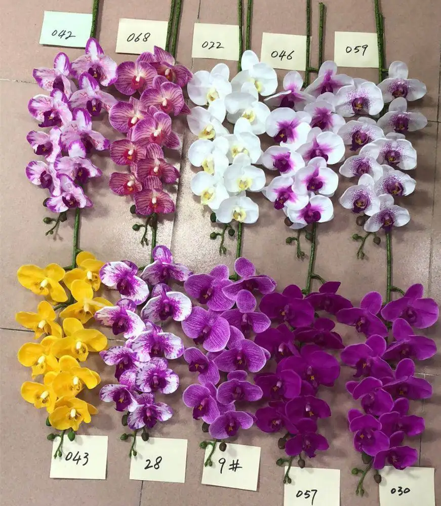 Real touch latex purple 9 cabezas orquídeas artificiales flores para decoración de la boda del hogar