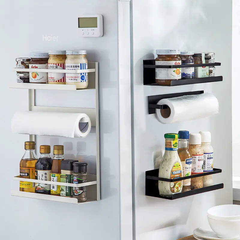 Estante magnético de cocina para especias, organizador para refrigerador, toallas de papel con soporte para estante de almacenamiento, estante de pared lateral