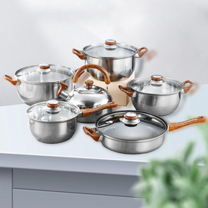 Nhà máy-ban đầu chất lượng cao thép không gỉ <span class=keywords><strong>Cookware</strong></span> Set với tay cầm bằng gỗ 12-mảnh đáy đôi Bếp gas tương thích - Product Image 4