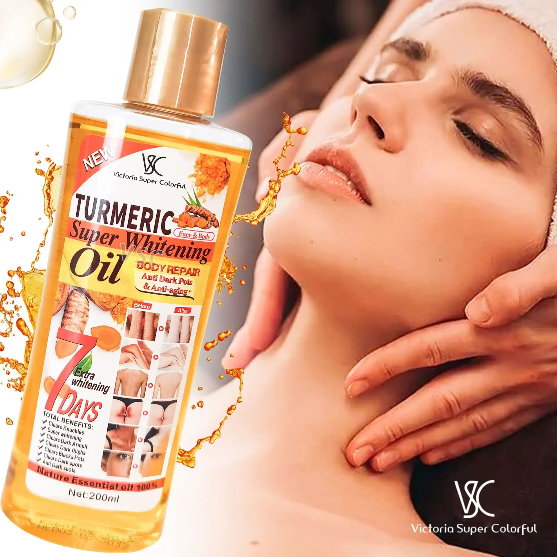 Haute qualité Super blanchissant huile de curcuma visage et corps hydratant nourrissant éclaircir les taches correctes huile essentielle de Massage