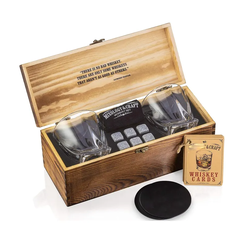 Whisky Vidro e Pedras Conjunto com Caixa De Madeira Do Exército, 8 Granito Whiskey Rocks Presente para Homens Whiskey Stones Gift Set