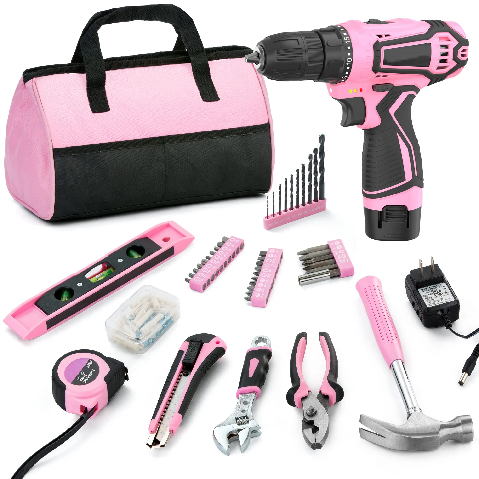 Ensemble de perceuses électriques sans fil roses pour femmes, 82 pièces de perceuses Lithium-ion 12V, outils de réparation batterie et chargeur rapide LED