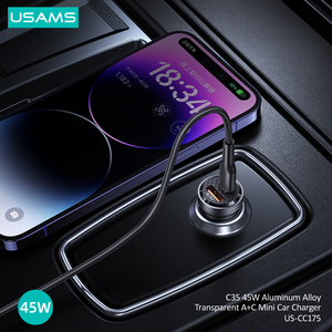 USAMS CC175透明设计双usb c车载适配器45w铝合金透明<span class=keywords><strong>A</strong></span> + C迷你手机车载充电器