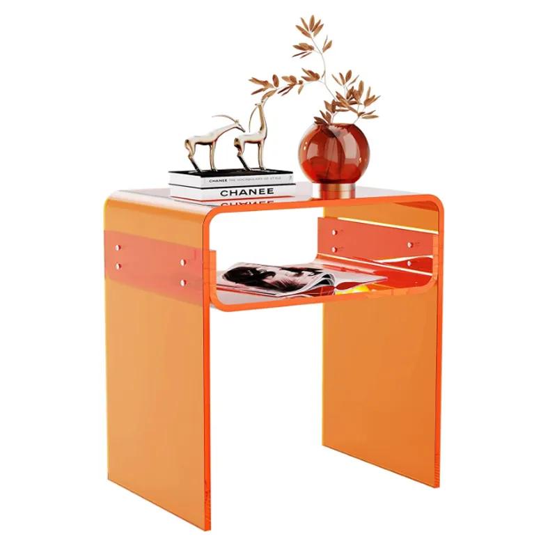 Mesita de noche acrílica para dormitorio con estante de almacenamiento Mesa auxiliar Lucite Mesa de servicio OEM de plástico naranja y sillas para comedor