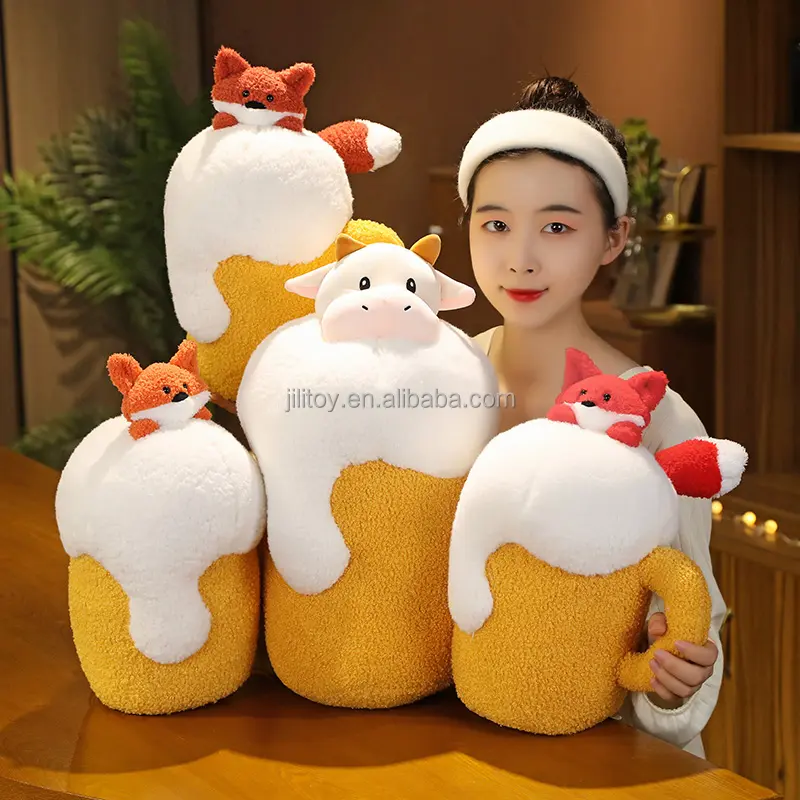 Yangzhou 15 inç bira inek peluş yastık üreticisi custom made düşük moq yumuşak tilki dolması peluş hayvan oyuncak yastık çocuklar