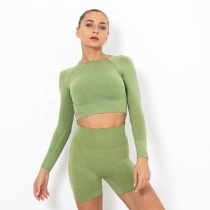 女性用長袖シームレスフィットネスヨガトップスニットジムワークアウトTシャツ親指穴なし運動活動用