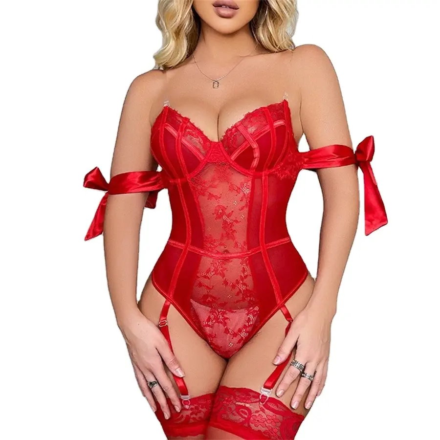 Body transparente de San Valentín, medias de liga, ropa interior negra erótica íntima de encaje, lencería roja Sexy para mujer