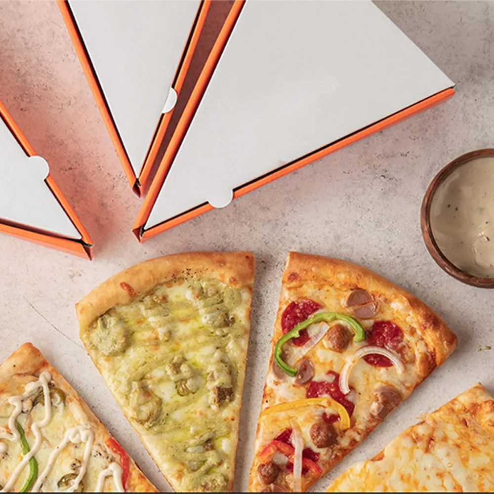 Caja de papel para rebanadas de pizza con impresión del cliente, embalaje de alimentos triangular con su logotipo