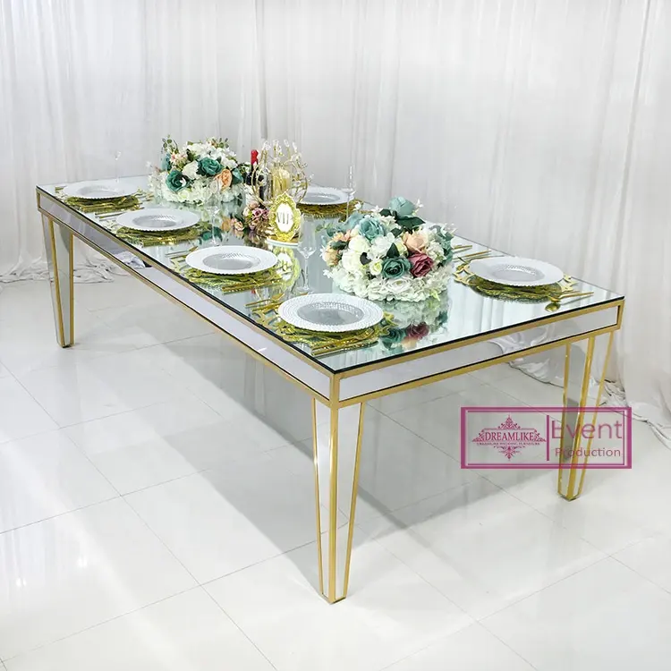 Base espelhada para móveis de casamento, prateleira retangular de aço inoxidável para móveis de casamento, mesa de jantar com 8 pés, mesa espelhada com base de ouro