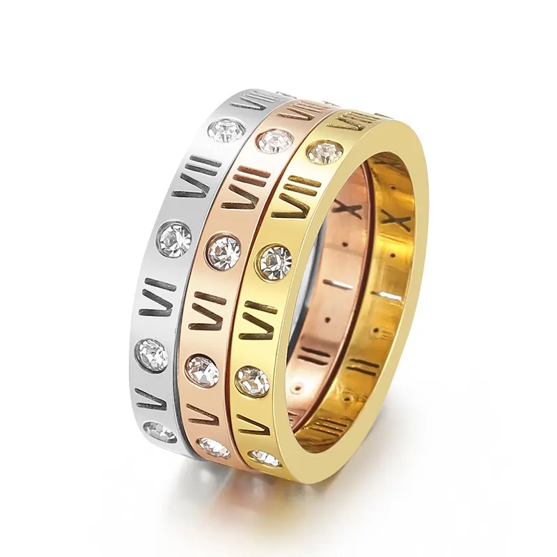 Anello semplice in acciaio inossidabile da donna Roman quattro diamanti 18k oro rosa diamante cavo coppia di amore