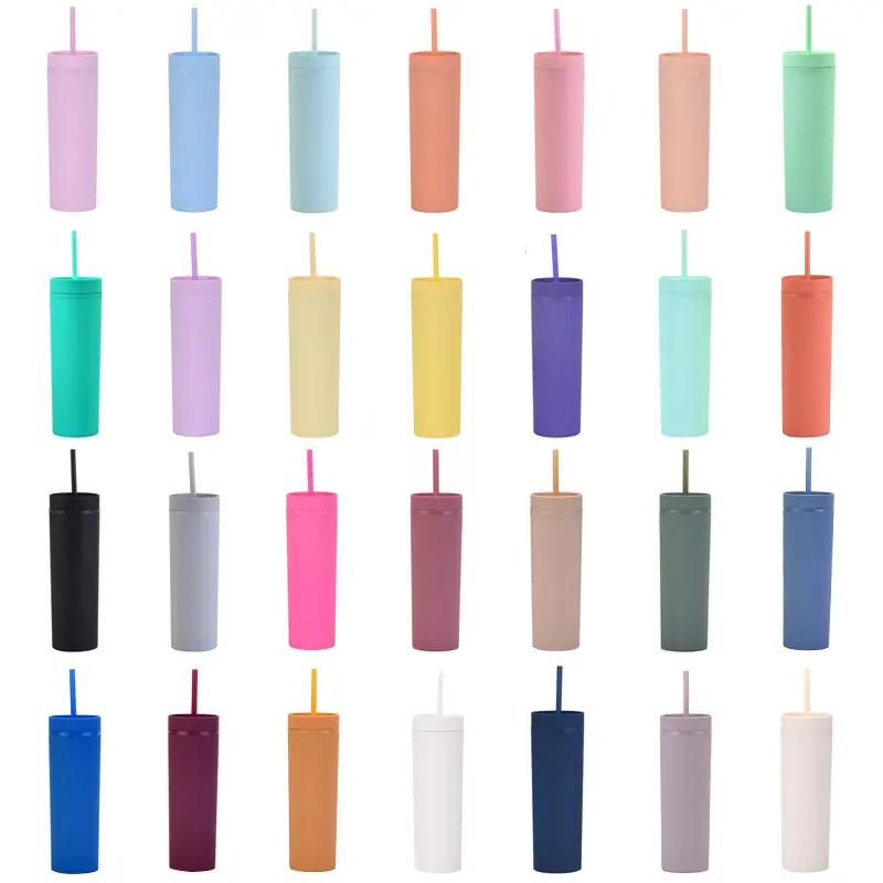 BORGE Schlussverkauf BPA-frei Acryl-Kunststoffbecher mit Deckel und Stroh matt gefärbter doppelwandiger dünner Tumblr-Becher