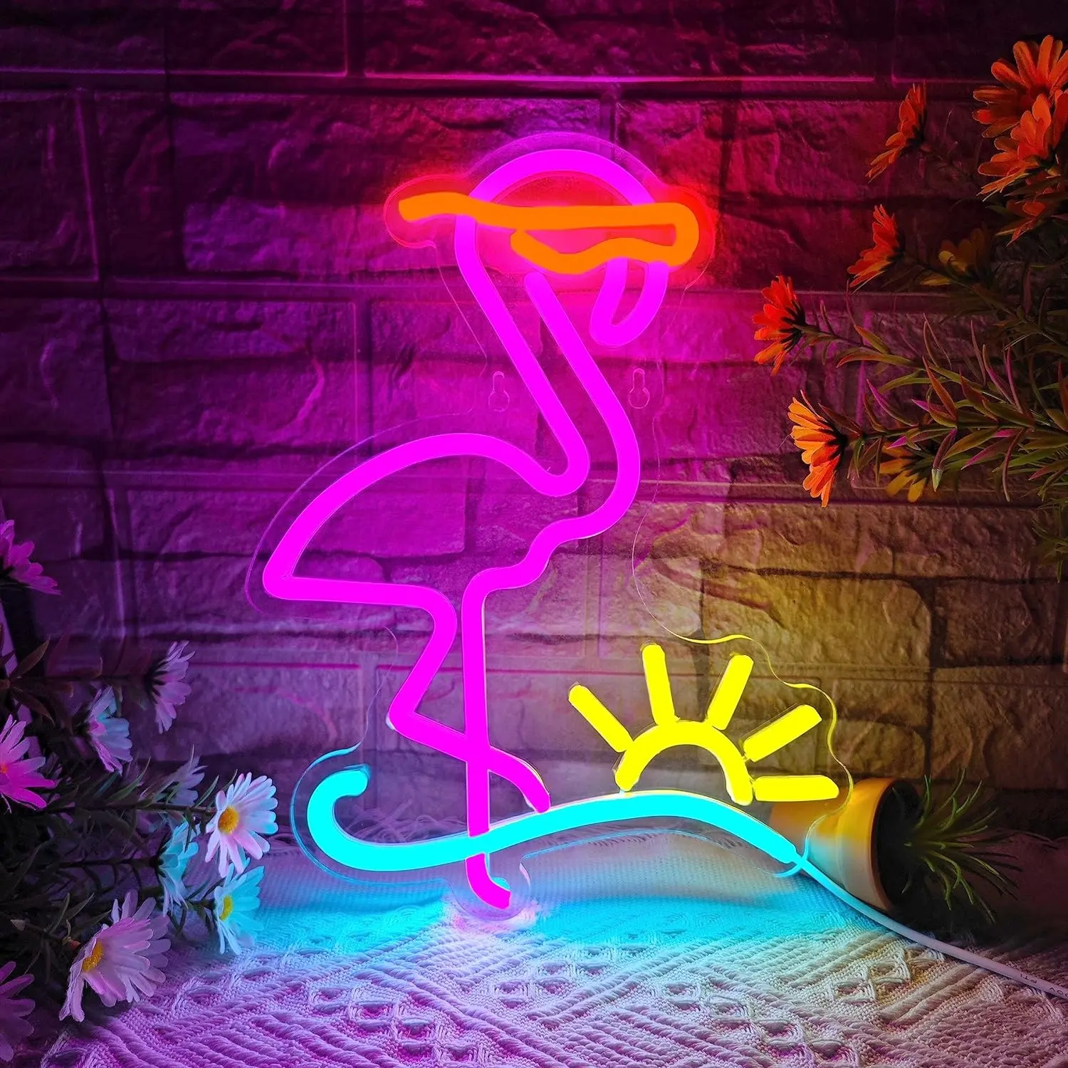 Flamingo tanda Neon gelombang matahari tanda Neon untuk dekorasi dinding bertenaga USB dengan Flamingo dan lampu Neon gelombang matahari