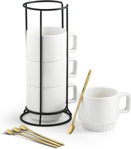 Perfect for Coffee Tea or Latte Stackable Coffee <strong>Cup</strong> <strong>Set</strong> with Stand 325ml Tea <strong>Cup</strong> <strong>Set</strong> with Spoon White Fun square <strong>Handle</strong> - Product Image 1