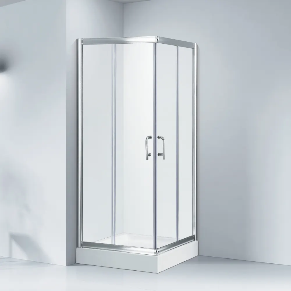 Puerta de ducha cuadrada con 2 correderas, cabina de ducha de baño con marco de aluminio, cabina de ducha deslizante con bandeja
