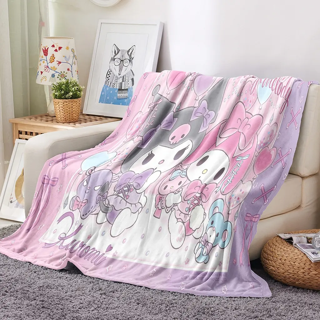 Sanrio Kuromi Mymelody kawaii Cartoon Flannel Blankets Anime Plush Pattern Throw Blanket Fleece bedspread for Bed Office Quilt