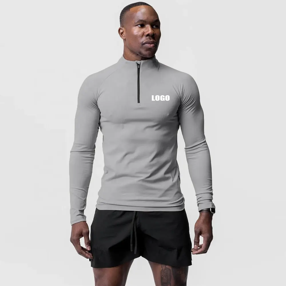 Poliéster Spandex Fabricantes Zip Up Fitness Running Plain Quick Dry Custom Long Sleeve Men Sports T-Shirt