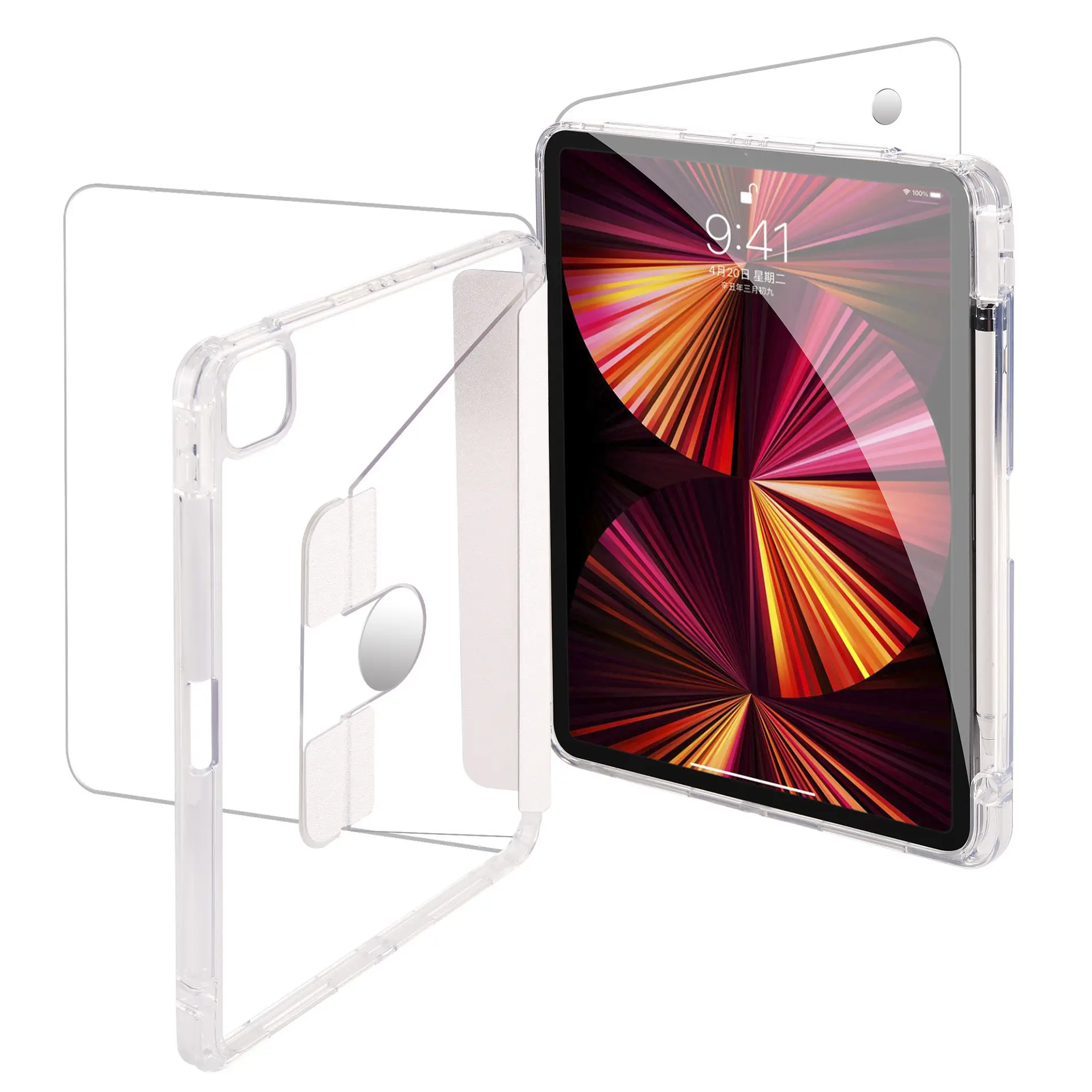 Hochtransparente harte Acryl 720 Grad drehbare Hülle mit Bleistifthalter für iPad Air 4 5 10.9 Tablet Hülle Pro 11