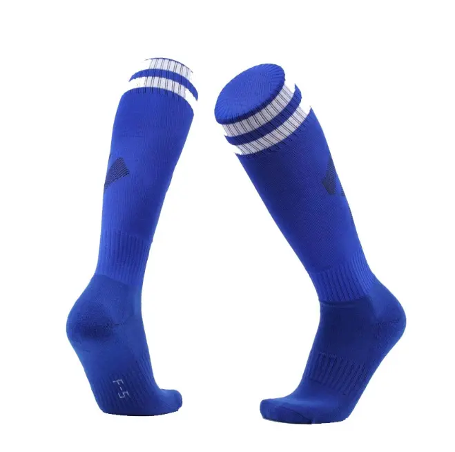 ถุงเท้ากีฬาสำหรับผู้ชายถุงเท้าฟุตบอลกันลื่นรัดข้อสูงถึงเข่าสำหรับเล่นฟุตบอลออกแบบโลโก้ได้ตามต้องการ
