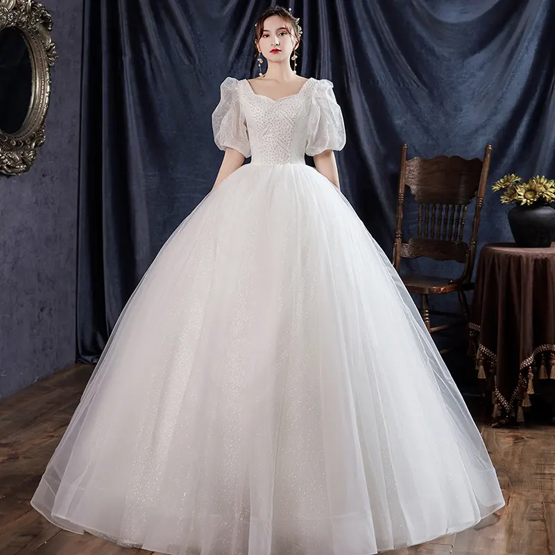 Robe de mariée en tissu brillant Style français, manches bouffantes, tenue de mariage, grande taille, au sol, 2021