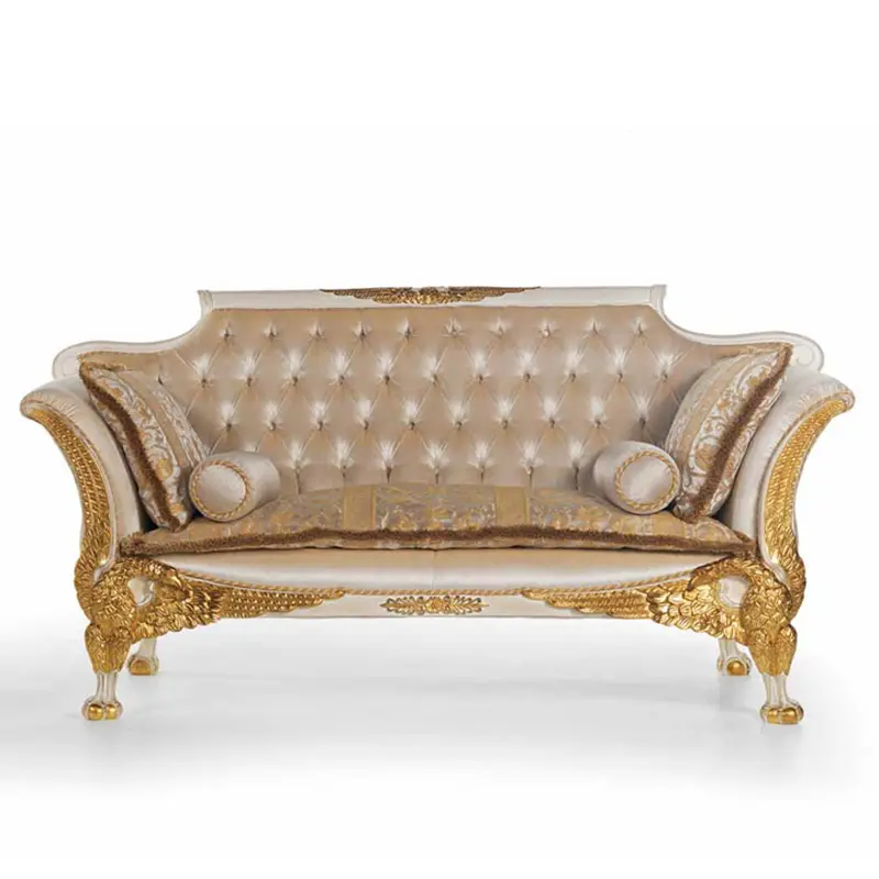 Rococo Wit Met Goud Gesneden Hout Zwaan Stof Sofa, Barokke Houten Fauteuil Voor Woonkamer