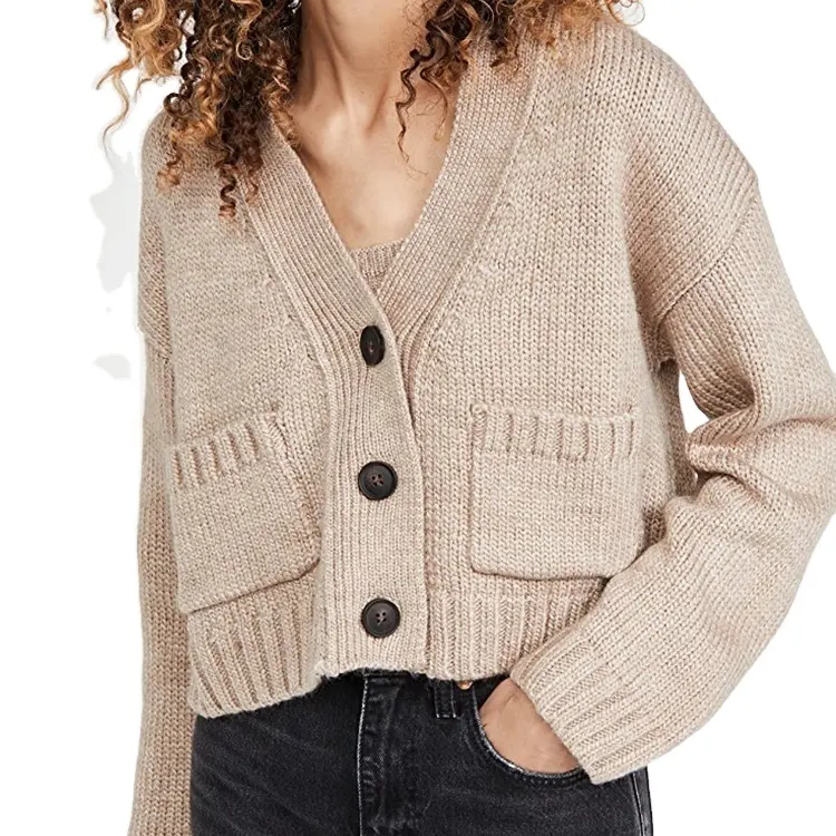 Hand Knitting Deep V-neck Sweater Plain Color Women Cardigan Sweater Women's Over Size Button Down Casual Long Autumn Thick