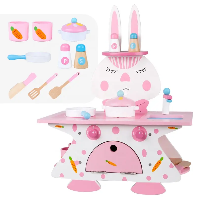 Bebek ahşap sevimli karikatür hayvan pembe tavşan mutfak seti oyna Pretend için diğer eğitici oyuncaklar toddlers ve kızlar