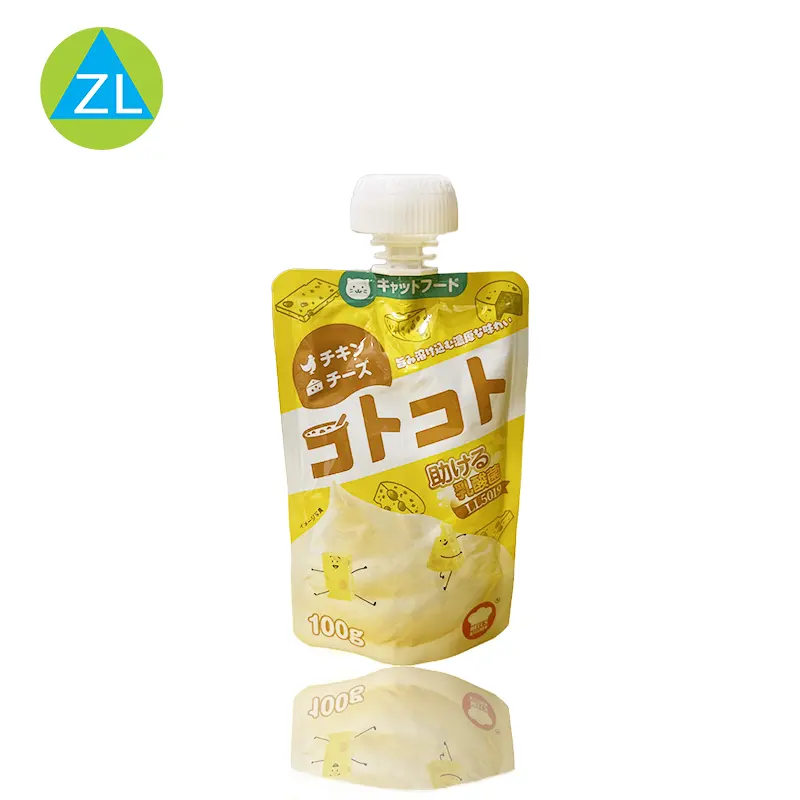 Fábrica Custom Amarelo Reciclável Freezer Safe 100g Squeeze Bag Side Gusset Spout Stand Up Pouch para Suco Baby Food Fruit Purê