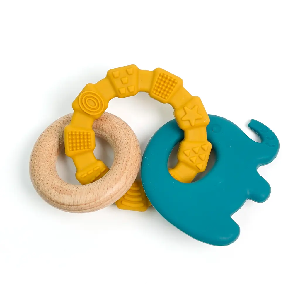 Cute elephant shape silicone and wood ring infant teething bracelet