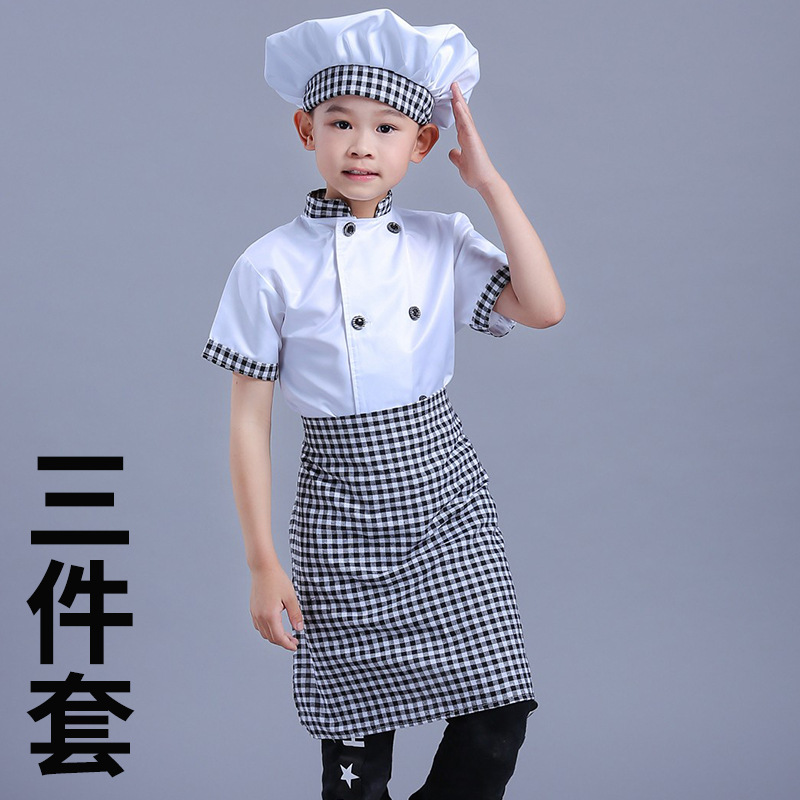 Cuello a cuadros blanco y negro-manga corta-delantal-delantal-gorro de chef