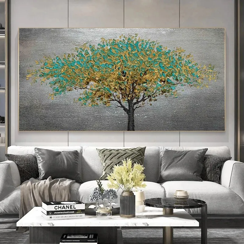 Pintura abstrata artesanal pura, ouro, grande tamanho, árvore cinza, paisagem, grande arte de parede, tela, arte abstrata, pintura a óleo texturizada