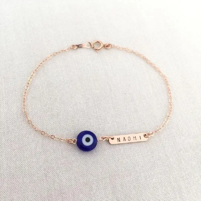 Inspire gioielli Personalizzati Evil-Eye Dainty Bar, il Braccialetto Del Bambino, protezione Del Braccialetto per le donne e le ragazze inciso nome logo