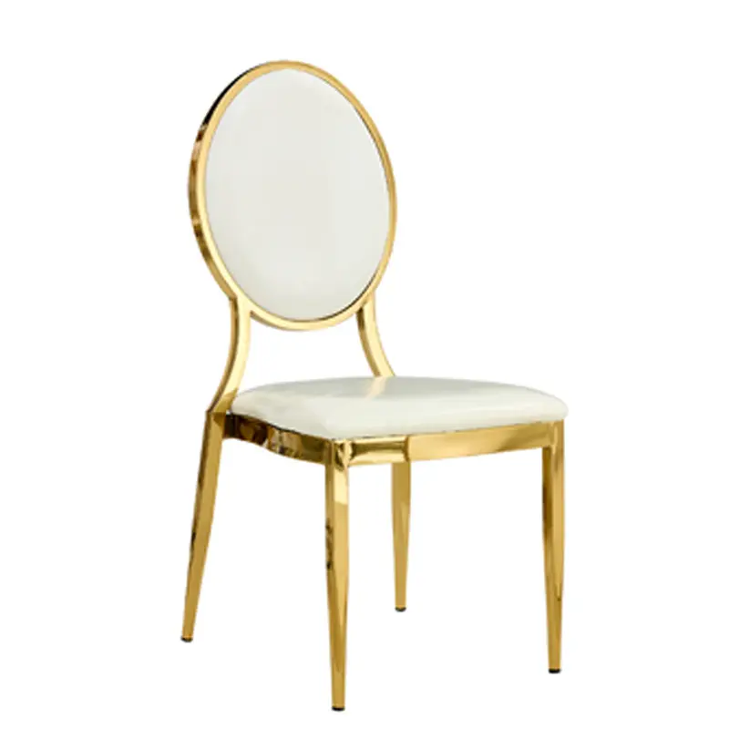 Cadeira de jantar empilhável com almofada de couro PU para banquetes de casamento, hotel, eventos, pernas douradas e de metal