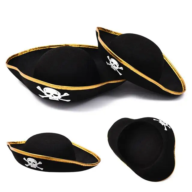 Commercio all'ingrosso Classic Skull Print Pirate Captain Hat Black Pirate Eye Patch per Halloween Costume Pirate theme Party Photo Props