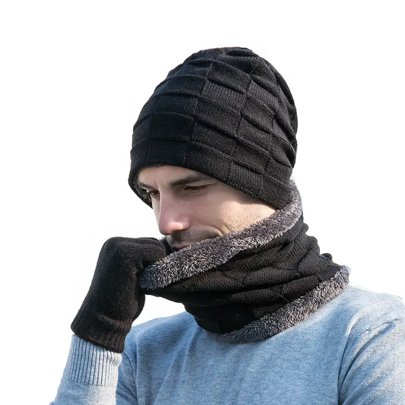 Chapeau d'hiver chaud en laine pour hommes pull-over en velours épaissi écharpe costume motif arcs chapeau tricoté en acrylique