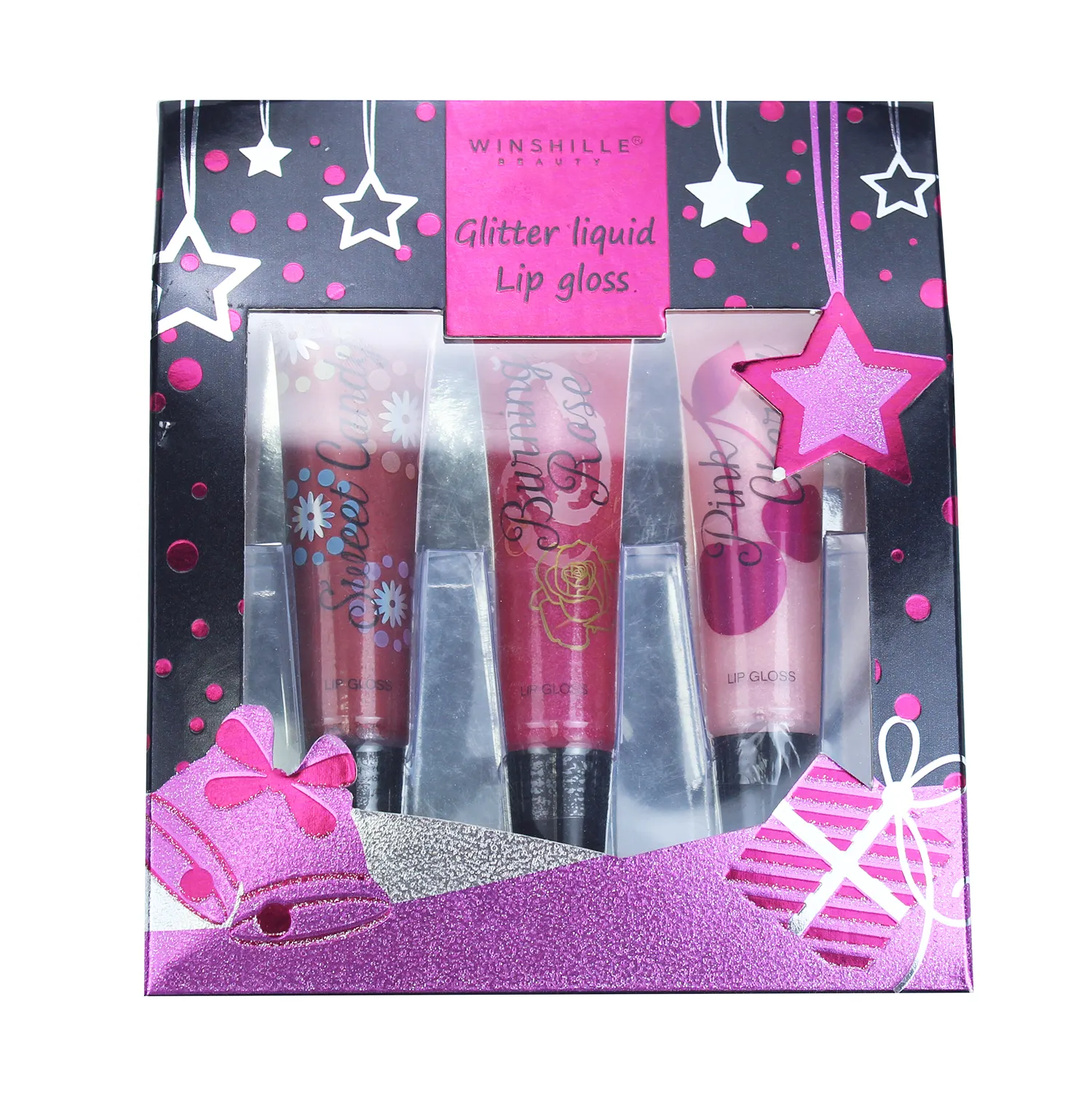 Conjuntos de 3 peças de gloss para lábios com logotipo feminino maquiagem rosa gordinha brilhante