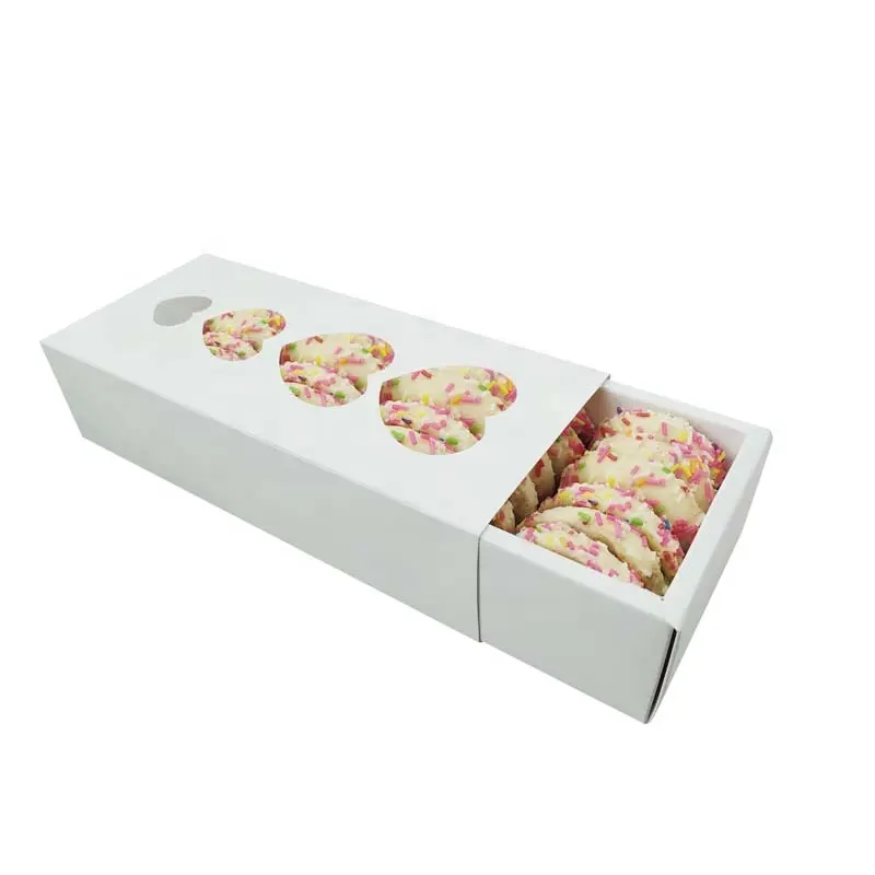 Quente fábrica venda gaveta branco papelão bolo caixa grau alimentício coração forma janela dobrável barato cookie caso pacote papel bolo caixa