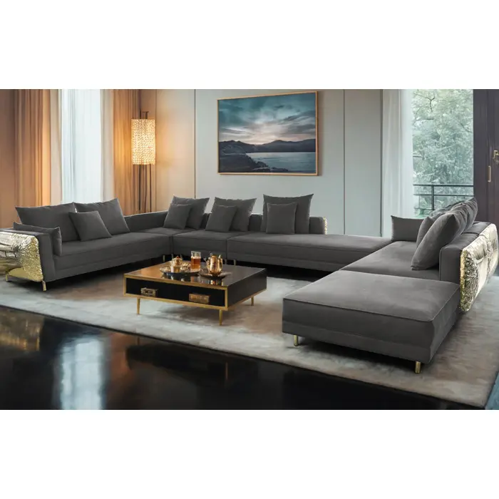 Home Sofa Furniture Luxury Fabric Living Room Couch Sets L Shape pure copper Corner Sofa