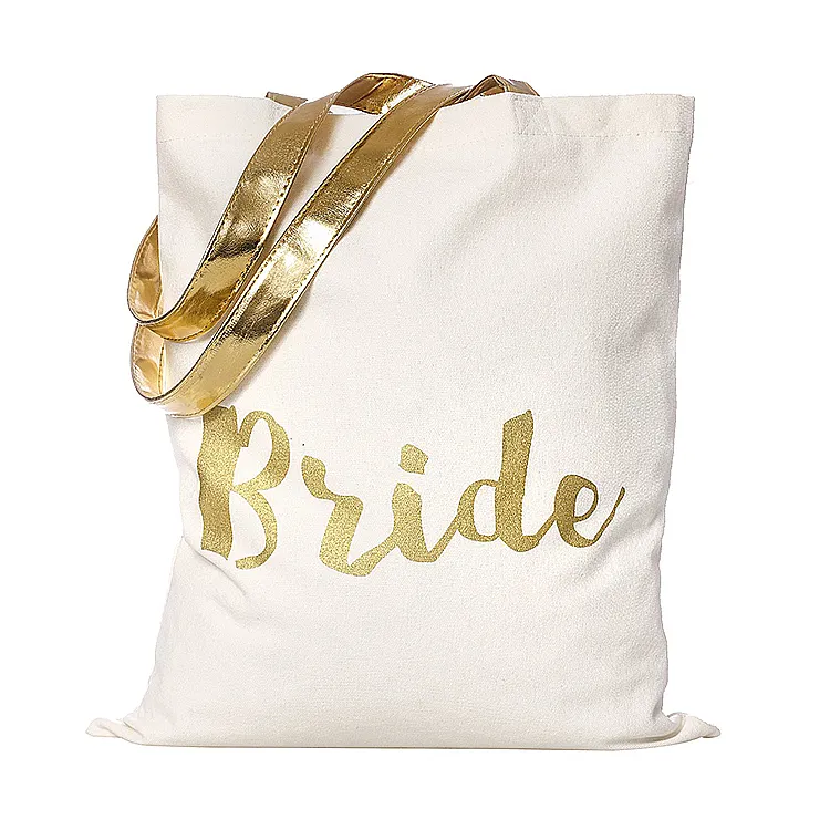 Rose gold hot stamping logo wedding bride gift tote bag with shiny gold pu leather handle