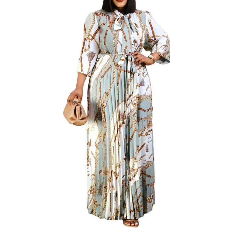 Spring Summer Women Clothes 3XL Round Stand Neck Long-sleevePrint Patchwork Long Abaya Maxi Pleated Church Casual Dress