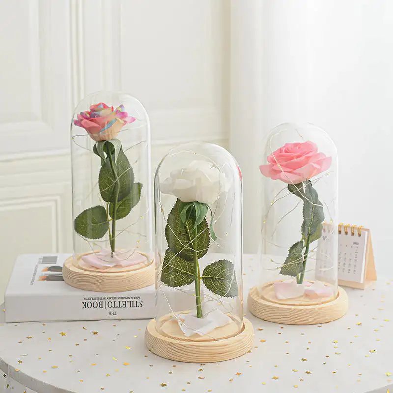2024 ולנטיינס מתנת יום אמהות פרח מלאכותי אדום זכוכית ורד פרח דקורטיבי עם מנורה מתנת ולנטיין הקדוש
