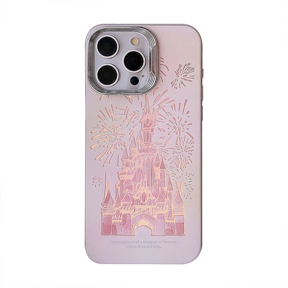 高級ピンクの城花火携帯電話ケーススマートフォンケースバックカバーiPhone15 13 12 promax
