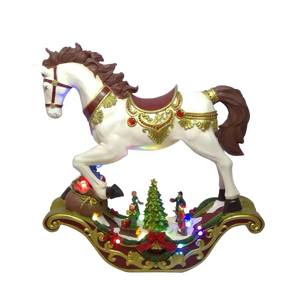 Commercio all'ingrosso oem BSCI fabbrica di Natale scena Di Natale decor polyresin Led cavallo a dondolo con la musica