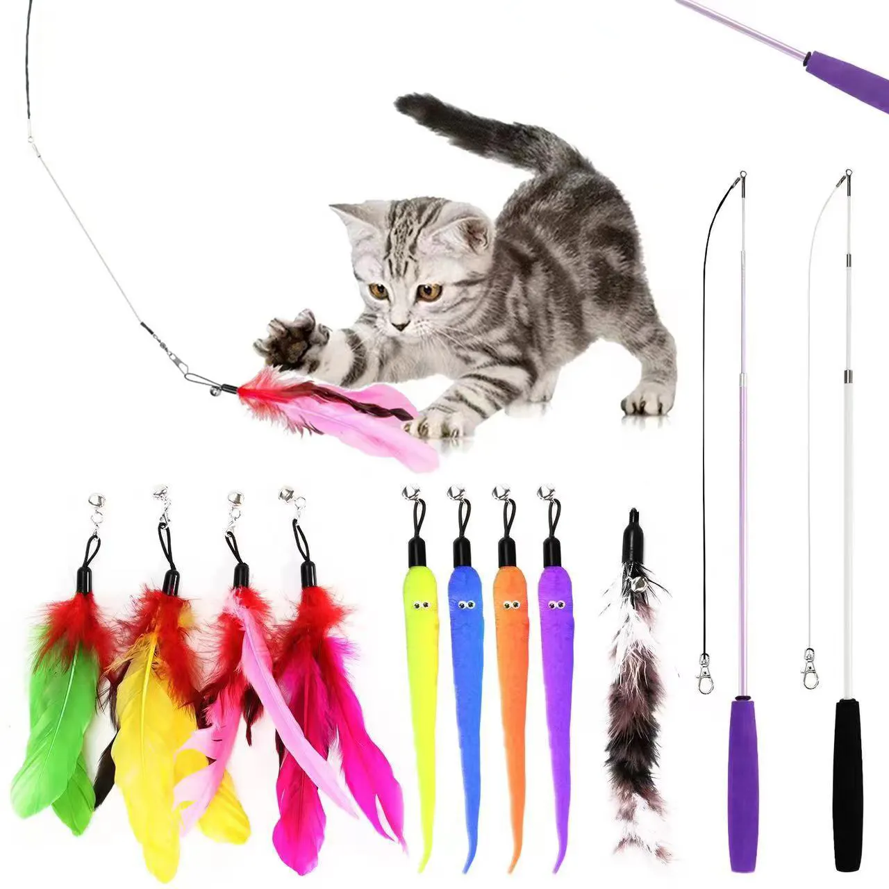 مجموعة 11 قطعة لعبة القطط الريشة عصا الجرس العصا القطط العصا التفاعلية لعب الحيوانات الأليفة هدية للداخل التفاعلية لعبة القطط